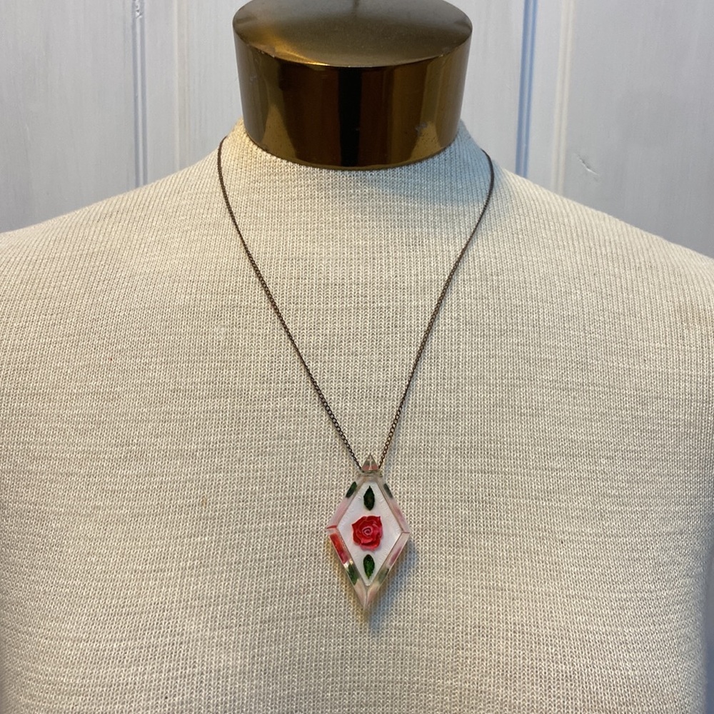Vintage Red Pink Rose Resin Pendant Necklace